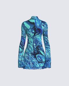 Look like a walking center piece in a museum with this turquoise abstract dress ☁️ All eyes will be on you, but we’re sure you're used to that 😏 Abstract Dress Fashion, Turquoise Outfits For Women, Turquoise Outfit Aesthetic, Turquoise Dress Casual, Turquoise Clothing, Turquoise Outfit, Turquoise Clothes, Teal Outfits, Turquoise Fashion