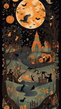 a halloween poster with pumpkins, bats and witches