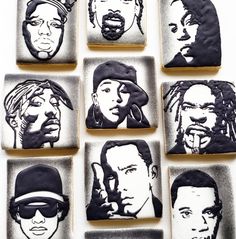 nine cookies decorated with black and white images of men's faces in various poses