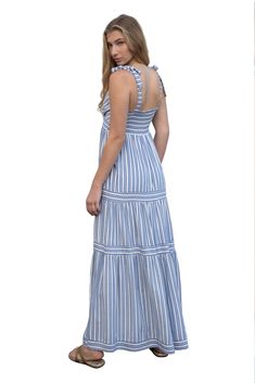 Striped Maxi Dress 100% Rayon V-Neck maxi dress with tie-knot strap V-neck Tie Back Maxi Dress For Day Out, Daywear Maxi Dress With Knotted Spaghetti Straps, Chic V-neck Maxi Dress With Knotted Straps, Casual V-neck Dress With Knotted Straps, Blue Backless Maxi Dress With Tie Back, Spring Maxi Dress With Knotted Straps, Casual Spaghetti Strap Maxi Dress With Tie Back, Brunch Maxi Dress With Knotted Straps, Casual Maxi Dress With Spaghetti Straps And Tie Back