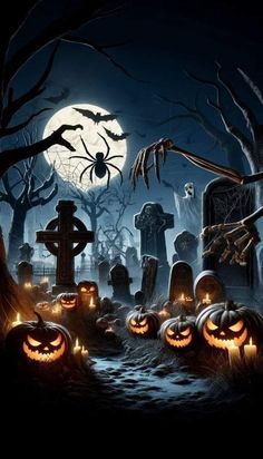 halloween scene with pumpkins and jack - o'- lanterns in the cemetery at night