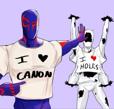 two people dressed in costumes with i love holes written on their chests and arms