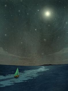 a boat floating on top of a body of water under a night sky filled with stars