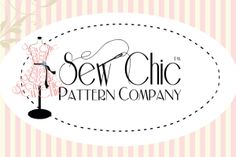 the sew chic pattern company logo on a pink and white striped wallpaper