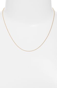 A 14-karat-gold ball-chain necklace brings a minimalist look to your ensembles. 17" length 14k gold Handmade in Canada Minimalist Ball Chain Necklace With Round Beads, Classic 14k Gold Ball Chain Necklaces, 14k Gold Ball Chain Necklace, Minimalist Yellow Gold Chain Necklace With Ball Chain, Minimalist Yellow Gold Ball Chain Necklace, 14k Gold Necklace With Ball Chain, Yellow Gold Box Chain Necklace With Beads, Yellow Gold Necklace With Box Chain And Round Beads, Minimalist Yellow Gold Ball Chain Jewelry