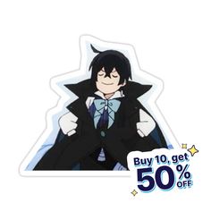 a sticker with the image of an anime character wearing a suit and bow tie