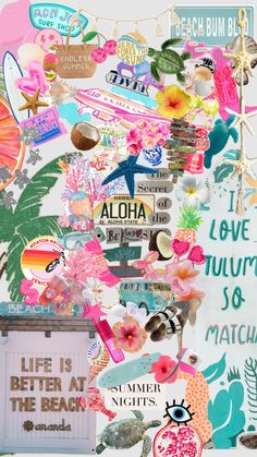 the collage is made up of different types of stickers and other things that are on top of each other