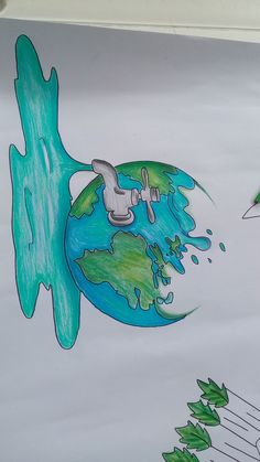 a drawing of an airplane flying over the earth with water coming out of its mouth