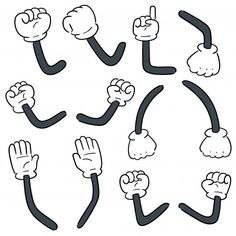 cartoon hands with different gestures and expressions for the letter v in black and white colors