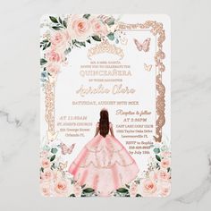 Blush Floral Quinceañera Princess Dress Rose Gold Foil Invitation Rose Gold Foil Invitations, Foil Invitations