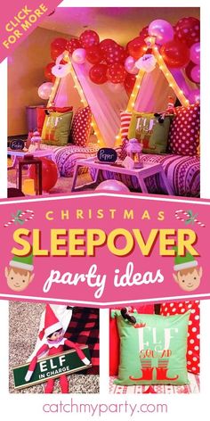 christmas sleepover party ideas with pink and green decorations, balloons and presents on the bed