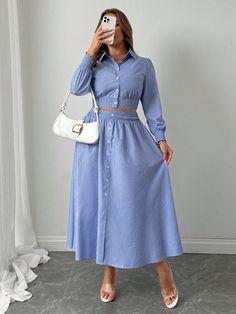 Plus Size Women's French Style Striped Long Sleeve Shirt And A-Line Dress Set, Spring-Autumn Blue and White Casual  Long Sleeve Woven Fabric Plain,Striped  Non-Stretch  Women Plus Clothing, size features are:Bust: ,Length: ,Sleeve Length: Autumn Blue, French Women Style, Style Français, French Stripes, Striped Long Sleeve Shirt, Dress Set, Inspiration Mode, White Casual, Plus Size Casual