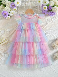 Young Girl Gorgeous Ruffle Collar Gradient Color Layered Tulle Cake Dress, With Stars And Sequins, Perfect For Parties, Holidays And Summer Multicolor Cute  Sleeveless Mesh Colorblock,Geometric,Ombre,All Over Print A Line,Smock Non-Stretch  Young Girls Clothing, size features are:Bust: ,Length: ,Sleeve Length: Cute Multicolor Tulle Tutu Dress, Playful Multicolor Tulle Tutu Dress, Whimsical Rainbow Tulle Tutu Dress, Baby Tulle Dress, Playful Purple Tulle Tutu Dress, Summer Flower-shaped Tulle Tutu Dress, Dress Cake, Girls Dresses Summer, Baby Princess