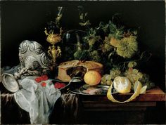 a painting of food on a table next to a vase with flowers and other items