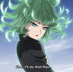 an anime character with green hair and blue eyes, standing in front of the sky