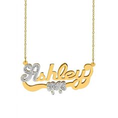 This rhodium beaded name necklace is made for the woman that sparkles from head to toe and has a smile that lights up the room. Completely covered in sparkle and underlined with a heart adorned tail, it shines as bright as the radiant lady you are - or love! Made of 14K Gold over Sterling Silver and attached to an 18" Link Chain, this rhodium beaded name necklace is both beautiful and top quality. Using only the finest materials, each necklace is custom made by hand to make sure every personaliz Anniversary Nameplate Jewelry With Adjustable Chain, Diamond Accented Nameplate Necklace For Gift, Gold Sterling Silver Name Necklace With Diamond Accents, Gold Necklaces With Heart Beads For Jewelry Making, Beaded Name Necklace, Double Name Necklace, Double Name, Life Size, Name Plate