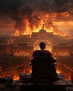 a man sitting on top of a chair in front of a fire filled city with columns