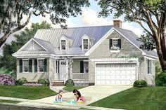 this is an artist's rendering of two children playing in front of a house