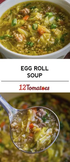 an egg roll soup is shown in two pictures