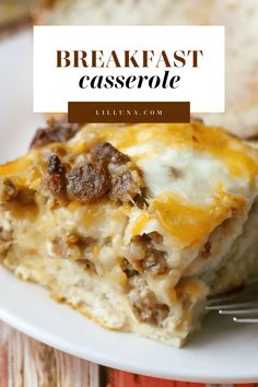 breakfast casserole on a white plate with a fork and text overlay that reads, breakfast casserole