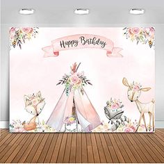 a birthday card with an image of a teepee tent and deers on it