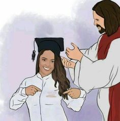 a girl is getting her hair done by a man in a graduation cap and gown