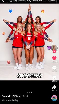 a group of women in red shirts and shorts posing for a photo with the caption shotters