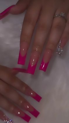 Long Acrylic Nails Hot Pink, Fuschia Pink Nail Designs, Hot Pink Square Nails, Magenta Nails Design, Nails Aesthetic Pink, Fuschia Nails, Hot Pink Acrylic Nails, Hot Pink Nail Designs, Fuchsia Nails