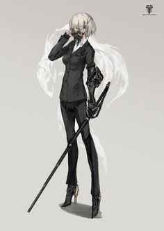 an anime character with white hair and black clothes, holding two swords in her hand