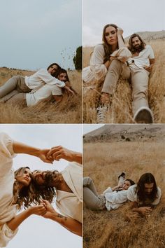 four different shots of people sitting in the middle of a field with long hair and beards