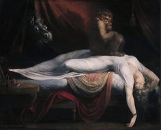 a painting of a woman laying on top of a bed next to a white horse