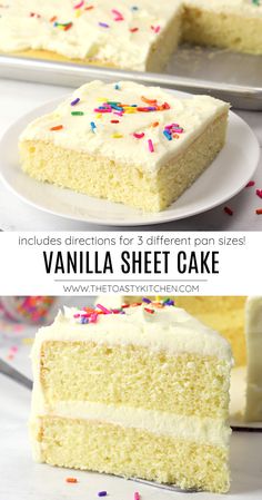 vanilla sheet cake with white frosting and sprinkles on the top is cut in half