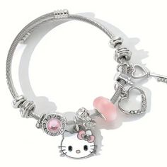 This Adorable Bracelet Features Hello Kitty Charms With Pink Crystals On A Stainless Steel Bypass Bangle. As It Is A Bypass Design, It Automatically Adjusts To Different Wrist Sizes. It Is 2 1/8" In Diameter At Rest. It Is Brand New And In Perfect Condition. Jewelry Hello Kitty, Hello Kitty Charms, Charm Bracelet Pink, Hello Kitty Charm, Handmade Charm Bracelets, Hello Kitty Jewelry, Stainless Steel Bangles, Silver Charm Bracelet, Stretchy Bracelets