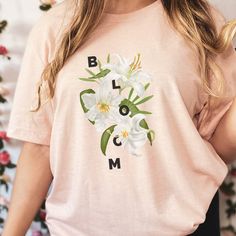 Bloom Floral T-shirt Minimal Flower Text Tee Aesthetic Womens - Etsy Womens Simple Floral Tee, Affordable Cute T-shirt With Floral Embroidery, Cheap Pink Floral Embroidered T-shirt, Cheap Pink Floral Print T-shirt, Womens Simple Floral Tee Shirt, Cheap Trendy T-shirt With Floral Embroidery, Flower Text, Minimal Flower, Text Tee