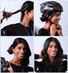 the instructions for how to do a ponytail in a bicycle helmet, including directions and pictures