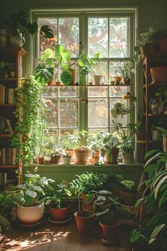 many houseplants are growing in the window sill next to bookshelves