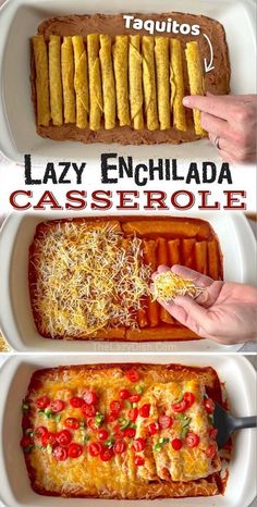 four different pictures showing how to make lazy enchilada casserole with cheese