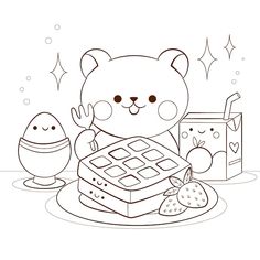 a cartoon bear is eating waffles with an egg and strawberry on the side