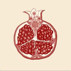 the inside of a pomegranate is shown in red and white, as well as