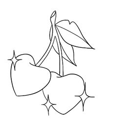 two cherries hanging from a branch with leaves and hearts coloring page for kids, printable