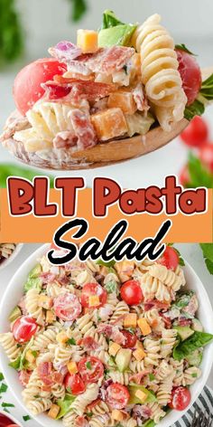 two different salads with the words blt pasta salad in front of them and an image