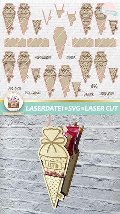 an ice cream cone cut out on top of a white brick wall with the words laser date - svg laser cut