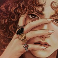 a painting of a woman holding her hand to her face with rings around her eyes