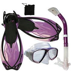 a purple and black scuba set with snorkels, goggles and tube