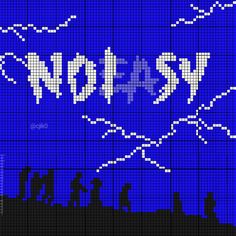 a cross stitch pattern with the word stop written in white letters on a blue background