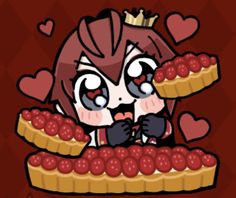 an anime character holding a piece of pie with cherries on it's face