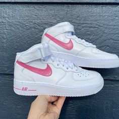 Pink Nike Air, Nike Air Force One, Air Force 1 Mid, Air Force 1 Custom, Nike Swoosh Logo, Custom Air Force 1, Custom Nike, Pink Nike, Shoe Last