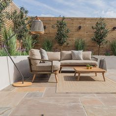 an outdoor living area with couches, tables and potted plants