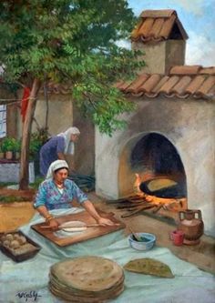 a painting of a man cooking food in front of an outdoor oven with pizzas on the table