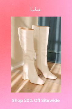 We have a feeling the Lulus Magnolia White Square Toe Knee-High Boots are going to complete all of your go-to looks this season! Smooth faux leather shapes these flirty boots that have a square toe upper and a 14.75"" knee-high shaft with a decorative seam-inspired detail at the outstep and a 15.5"" circumference. A 15.5 zipper at the instep makes for easy styling, while a trendy block heel completes the stylish look! 3. 75" wrapped block heel. Cushioned insole. Rubber sole has nonskid markings. Man made materials. Imported. Lulus | Magnolia White Square Toe Knee-High High Heel Boots. Knee High White Boots Wide Calf, Chic Cream Faux Leather Boots, Cream Faux Leather Boots With Square Toe, White Block Heel Knee-high Boots For Fall, Cream Square Toe Faux Leather Boots, Elegant White Square Toe Boots, Chic White Square Toe Mid-calf Boots, White Leather Knee-high Boots Medium Width, Trendy Block Heels